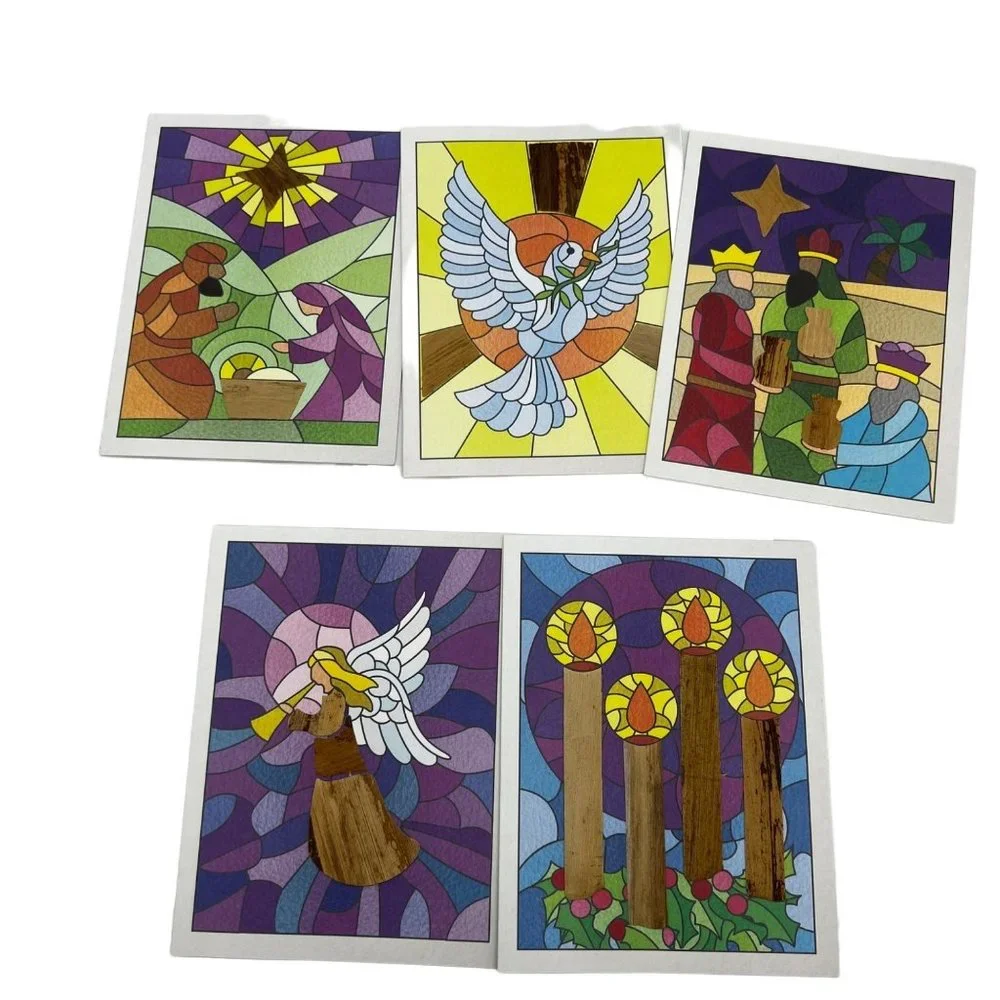 NEW Christmas Greeting Cards Religious Banana Bark Stained Glass Textured Set 5